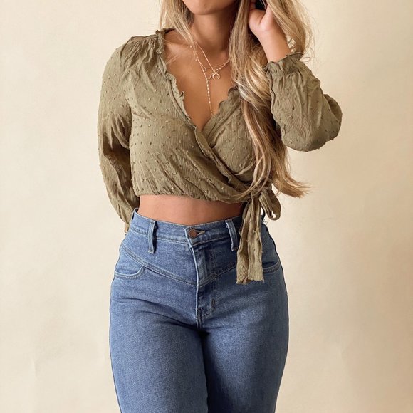 Olive Long Sleeve Crop Top - Picture 1 of 2